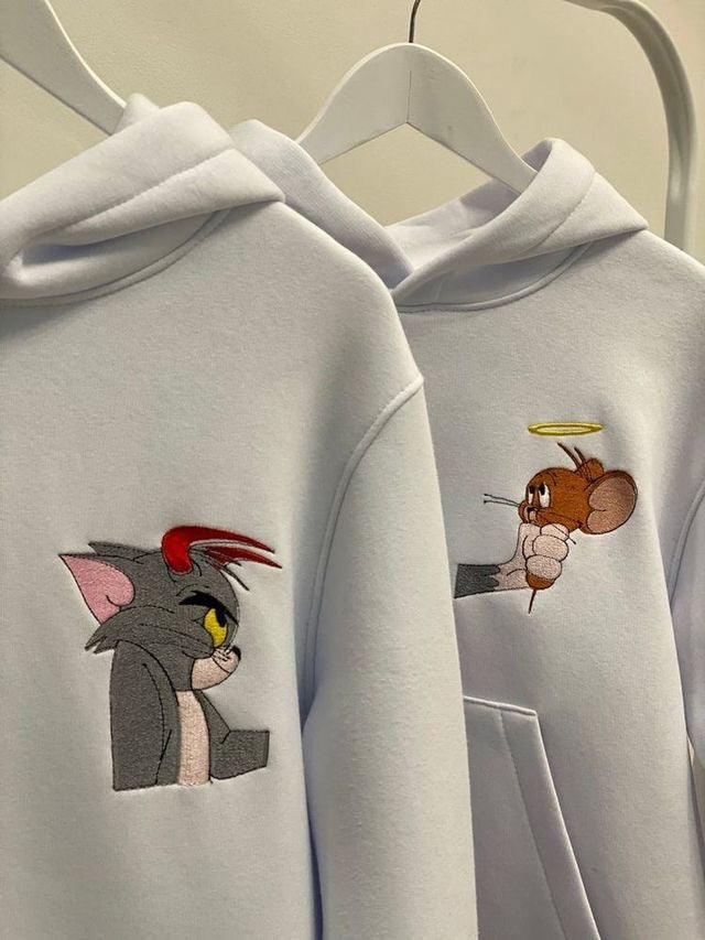 Tom und Jerry Partner Couple Hoodie Pullover Bestickt Engel Teufel