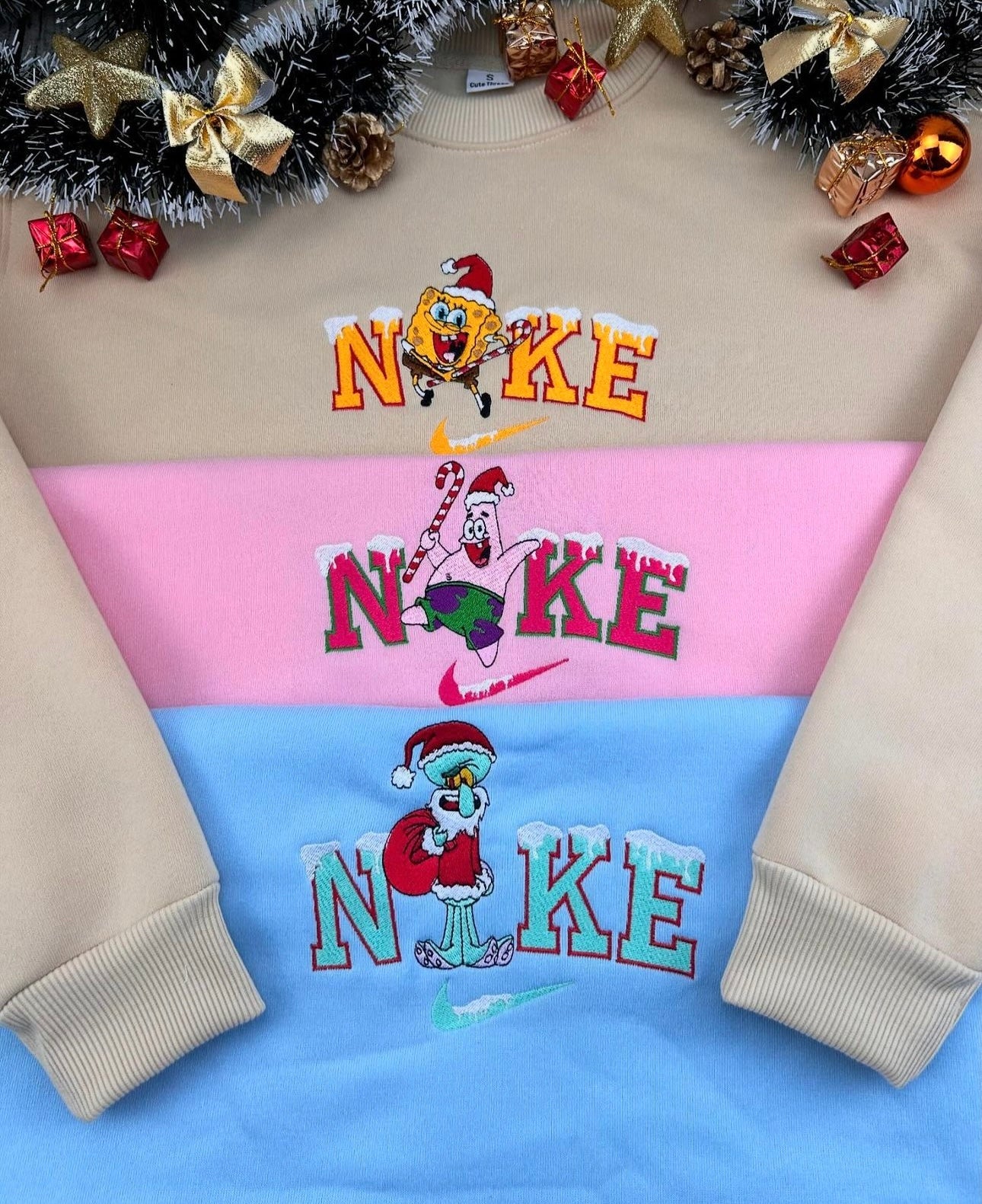 Spongebob Patrick Thaddäus Weihnachten Christmas Bestickter Pullover Couple