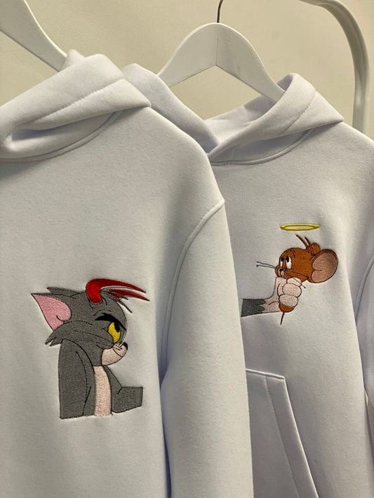 Tom und Jerry Partner Couple Hoodie Pullover Bestickt Engel Teufel